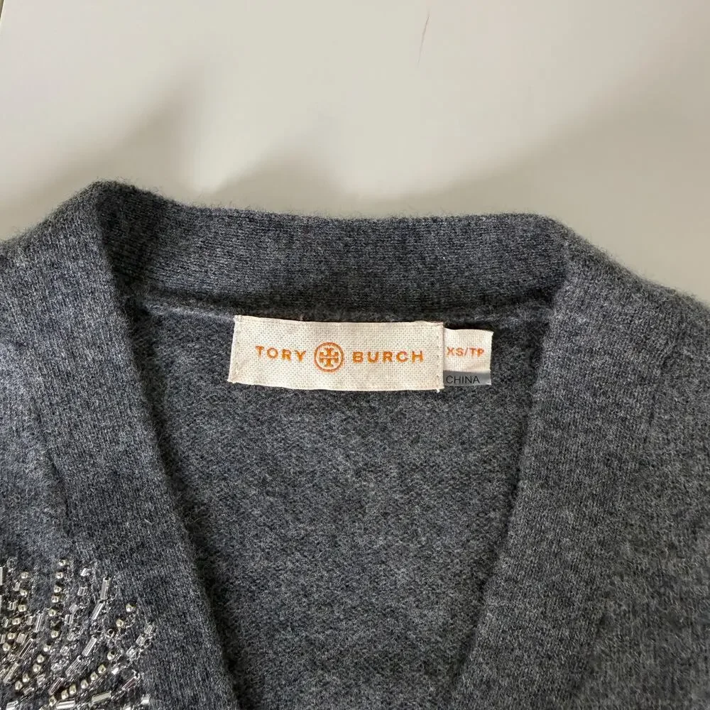 Tory Burch Merino Wool Cardigan Beaded Palm Tree Gray Sweater - XS